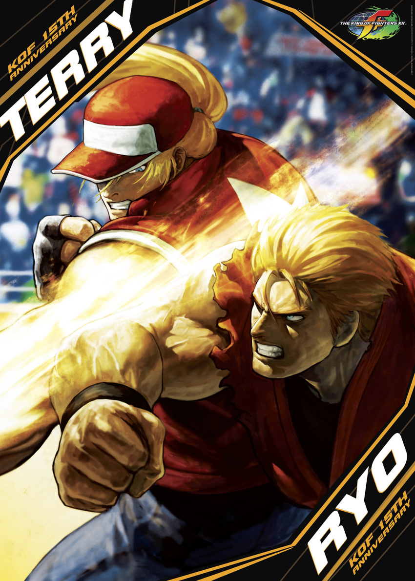 art_of_fighting badass blonde_hair blue_eyes dougi eisuke_ogura fatal_fury fight fighting hat highres karate_gi king_of_fighters ogura_eisuke ryou_sakazaki ryuuko_no_ken sakazaki_ryo snk terry_bogard