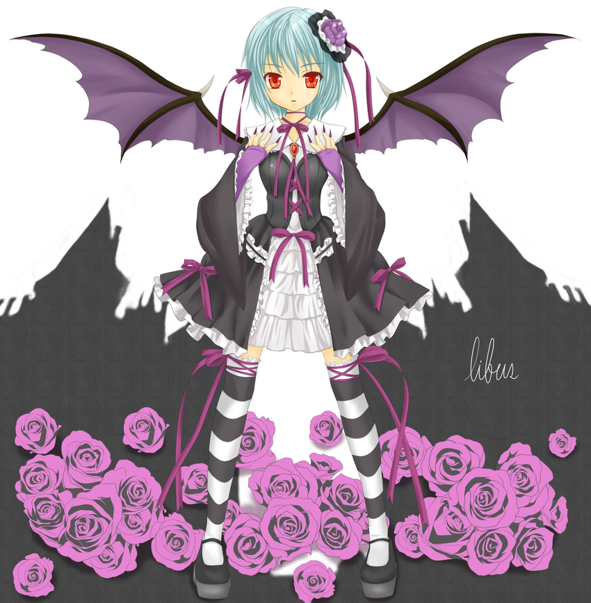 bad_id bad_pixiv_id bat_wings blue_hair gothic_lolita hair_ornament highres libus lolita_fashion red_eyes remilia_scarlet short_hair solo thighhighs touhou wings