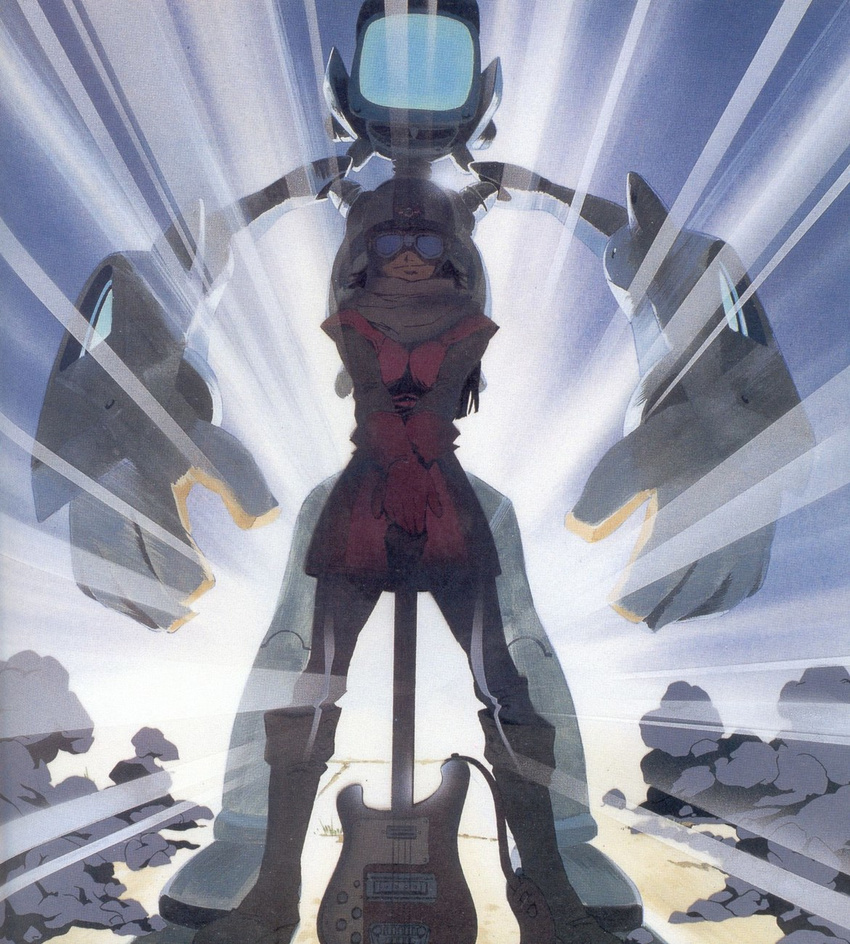 backlighting bass_guitar boots canti flcl goggles haruhara_haruko helmet highres instrument light rickenbacker robot scarf smirk suetomi_shinji