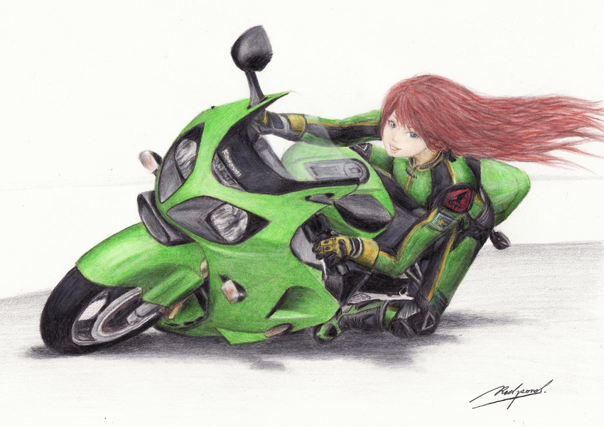 colored_pencil_(medium) floating_hair ground_vehicle hong_meiling kawasaki long_hair motor_vehicle motorcycle no_hat no_headwear red_hair riding rpracing signature smile solo touhou traditional_media wind