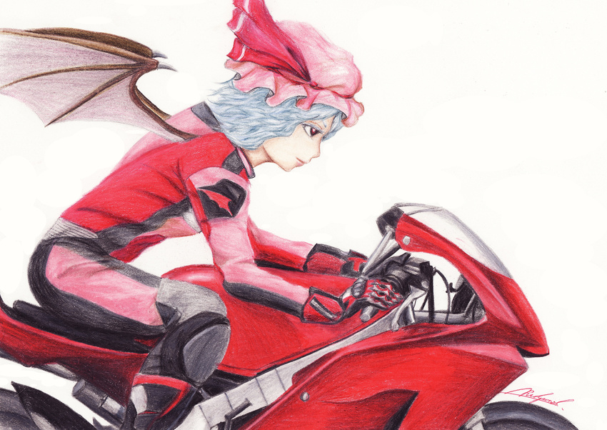 bat_wings biker_clothes bikesuit colored_eyelashes colored_pencil_(medium) ground_vehicle hat motor_vehicle motorcycle profile red_eyes remilia_scarlet riding rpracing signature solo touhou traditional_media wings