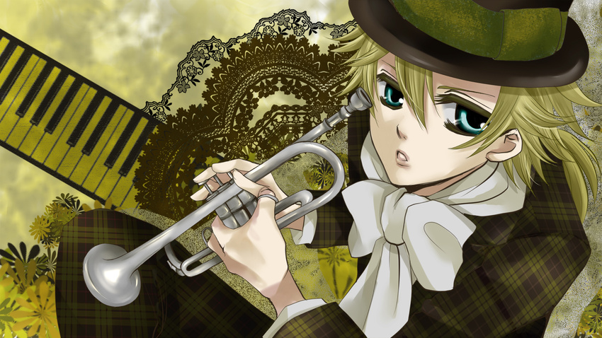 aqua_eyes blonde_hair boy hat instrument kagamine_len male male_focus nonoka_(ok_midorihatekida) plaid retro_clothes solo tartan tongue trumpet vocaloid