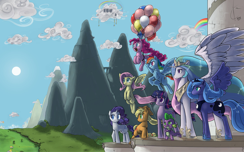 applejack_(mlp) armor balloons blonde_hair blue_eyes blue_fur blue_hair cloud clouds cowboy_hat crescent_moon crown dragon equine female feral fluttershy_(mlp) friendship_is_magic fur grass green_eyes hair hat horn horse long_hair male mammal moon multi-colored_hair my_little_pony pegacorn pegasus pink_body pink_fur pink_hair pinkie_pie_(mlp) pony princess princess_celestia_(mlp) princess_luna_(mlp) purple_eyes purple_fur purple_hair purple_scales rainbow_dash_(mlp) rainbow_hair rarity_(mlp) red_eyes royalty scalie short_hair spade_tail spike_(mlp) tan tree twilight_sparkle_(mlp) unicorn valcron wallpaper white_feathers white_fur widescreen winged_unicorn wings wood yellow_fur