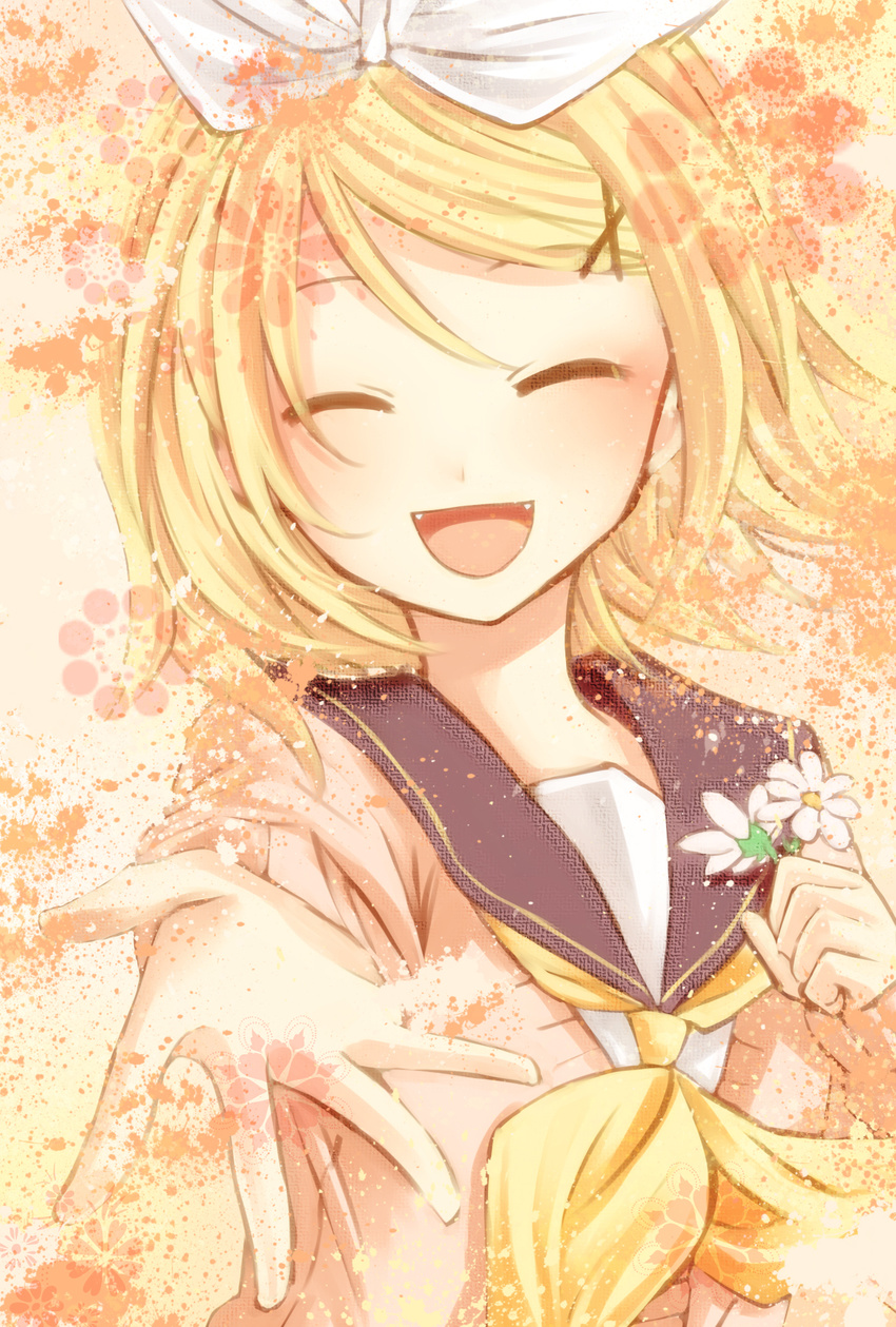 alternate_costume blonde_hair bow bow_tie bowtie fang female first_person flower flowers_in_hand girl hair_bow hair_ornament hairclip highres kagamine_rin open_mouth outstretched_hand pov sailor_collar smile vocaloid yayoi_(yayoi_bittersweet)