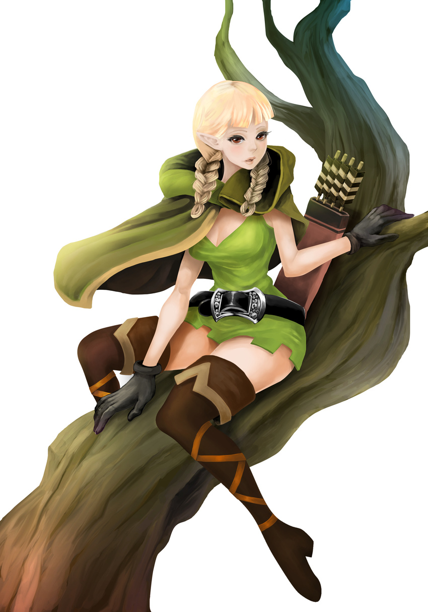 arrow belt blonde_hair boots braid breasts cleavage dragon's_crown dragon's_crown elf elf_(dragon's_crown) elf_(dragon's_crown) gloves highres pointy_ears sitting skirt thigh_boots thighhighs tree vanillaware weapon