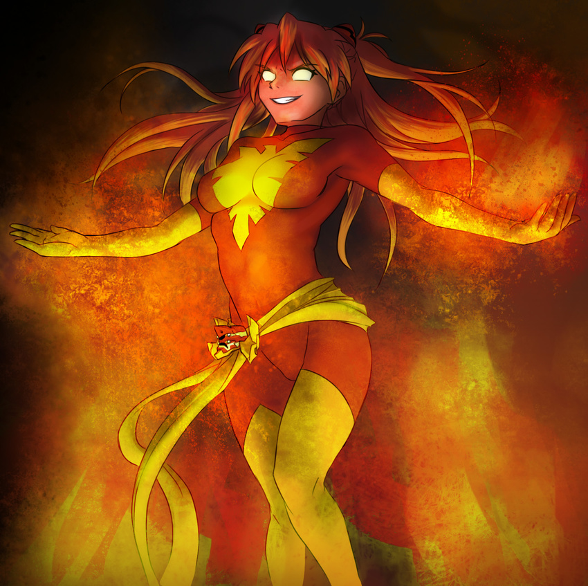 bodysuit boots breasts collaboration colorized cosplay dark_phoenix dark_phoenix_(cosplay) elbow_gloves eva_02 gloves glowing glowing_eyes highres jean_grey jean_grey_(cosplay) large_breasts long_hair marvel matsu-sensei neon_genesis_evangelion non-web_source orange_hair phoenix_(x-men) red_bodysuit sash skin_tight solo souryuu_asuka_langley thigh_boots thighhighs