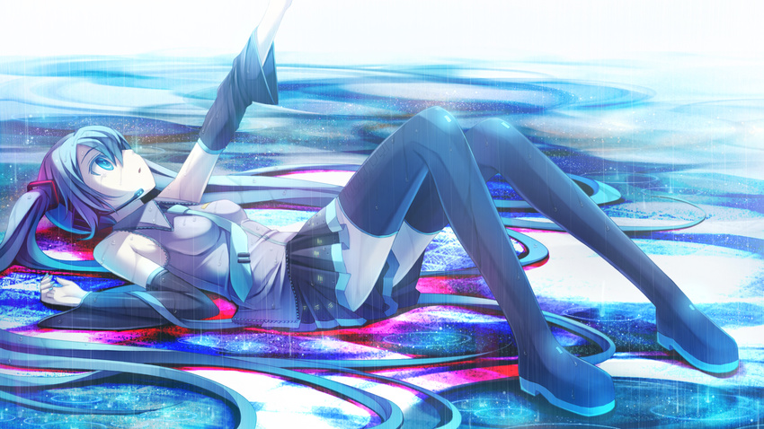 aqua_eyes aqua_hair bare_shoulders boots colored_eyelashes detached_sleeves hatsune_miku headset highres long_hair looking_up lying namaru_(summer_dandy) necktie outstretched_arm pleated_skirt rain reaching ripples skirt solo thigh_boots thighhighs twintails very_long_hair vocaloid wallpaper zettai_ryouiki