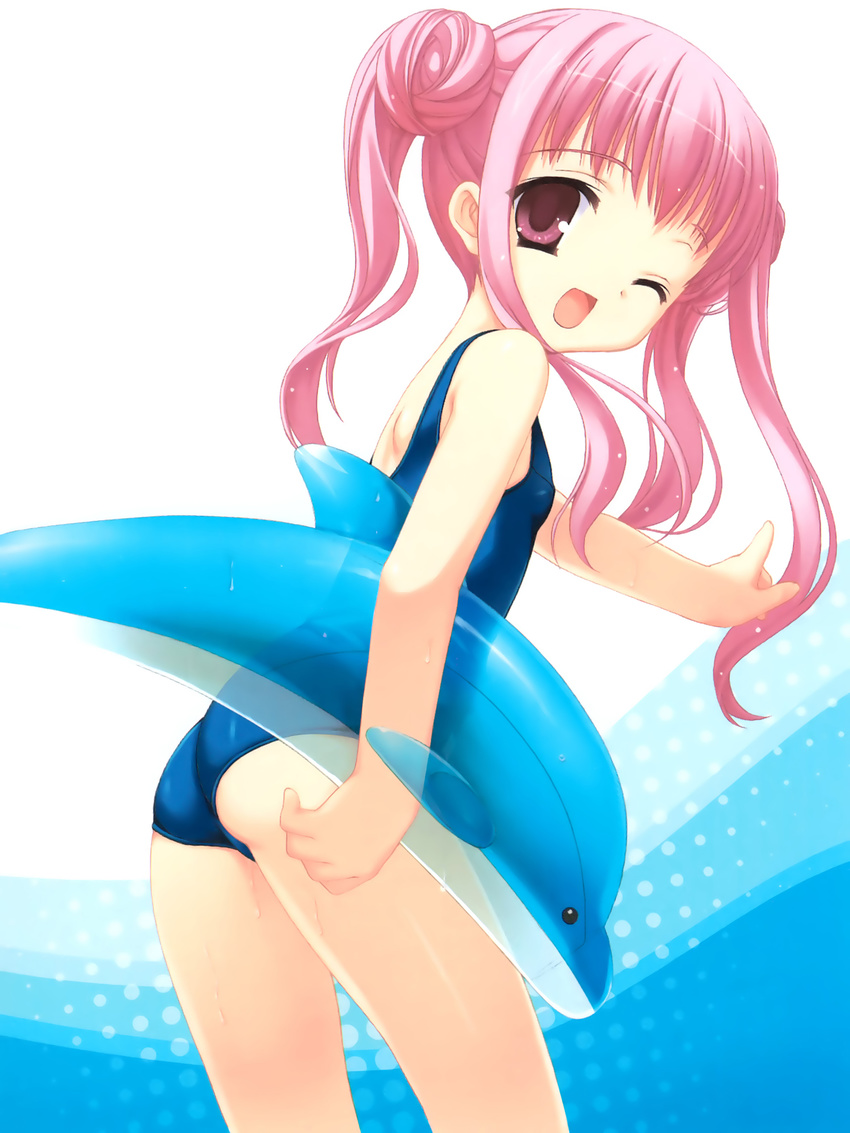 ;d ass double_bun empty_x_embryo fushimi_makina highres inflatable_dolphin inflatable_toy looking_back muririn one-piece_swimsuit one_eye_closed open_mouth pink_eyes pink_hair school_swimsuit smile solo swimsuit twintails