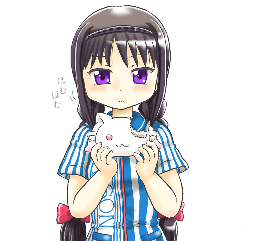 akemi_homura alternate_costume argyle black_hair bow braid eating employee_uniform food food_with_face hair_bow hair_ornament hairband highres homu hoshikawa_tsukimi kyubey lawson long_hair looking_at_viewer mahou_shoujo_madoka_magica pinstripe_pattern pocket purple_eyes shirt simple_background solo staring striped striped_shirt sweets twin_braids twintails uniform vertical-striped_shirt vertical_stripes wagashi