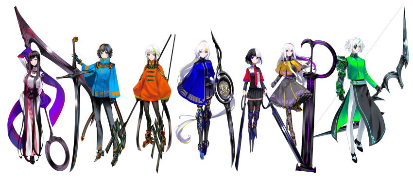 3boys 4girls absurdly_long_hair absurdres androgynous asymmetrical_clothes black_hair black_legwear black_pants blonde_hair blue_eyes blue_hair blue_jacket bow_(weapon) breasts capelet dress dual_wielding eighth_note expressionless eyebrows_visible_through_hair eyepatch flat_sign forte_(symbol) frilled_dress frills full_body gloves gold_trim green_eyes green_hair green_jacket high_collar highres holding holding_weapon huge_weapon jacket large_hands leggings light_smile lineup loafers long_hair looking_at_viewer mecha_danshi mecha_musume multicolored multicolored_eyes multicolored_hair multiple_boys multiple_girls musical_note necktie neon_trim orange_eyes orange_hair orange_jacket original pants piano_(symbol) ponytail prosthesis prosthetic_arm prosthetic_leg purple_eyes purple_hair quarter_note red_eyes red_hair scythe sharp_sign shoes short_hair shoulder_cutout skirt small_breasts staff straight_hair streaked_hair sword thighhighs treble_clef tsuki-shigure very_long_hair weapon white_background white_hair white_pants wide_sleeves yellow_eyes