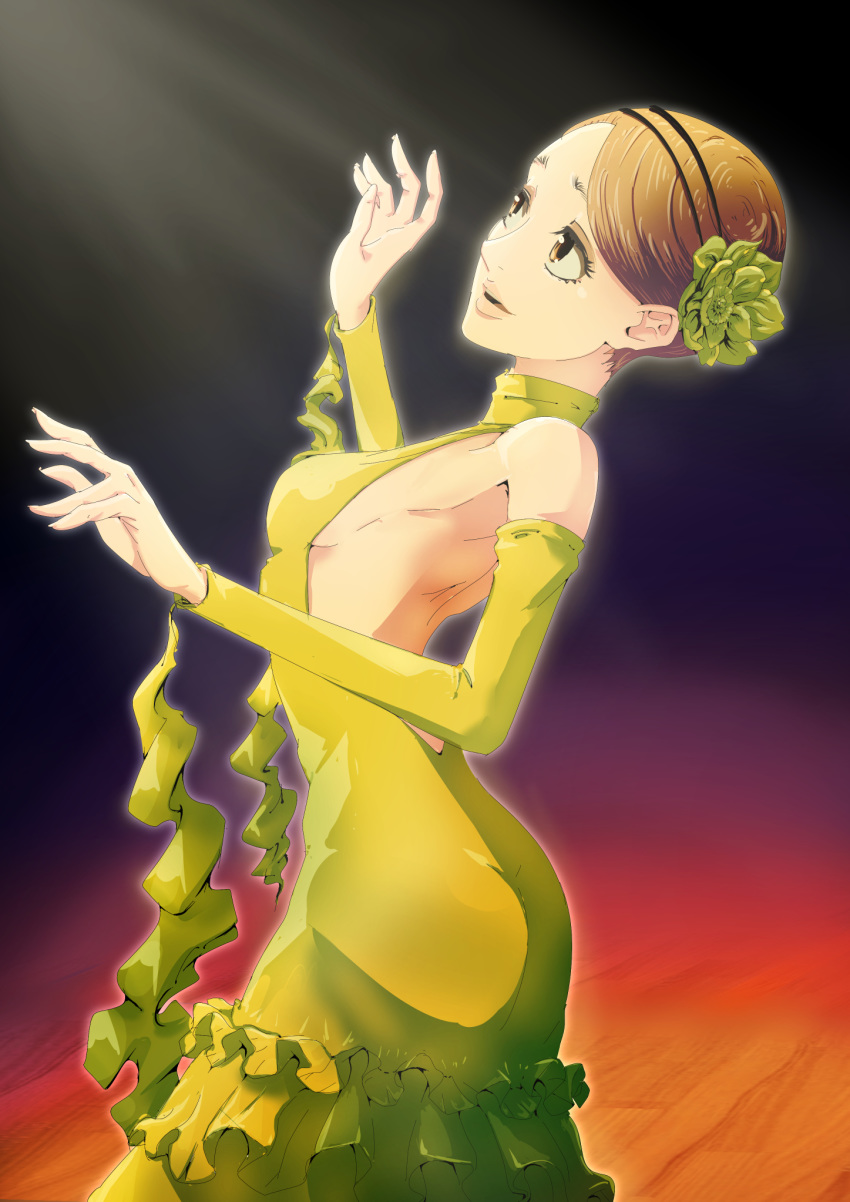 1girl akagi_mako ballroom_e_youkoso breasts brown_eyes brown_hair dark_background detached_sleeves dress flower hair_flower hair_ornament hands_up highres indoors looking_up o_sho parted_lips short_hair small_breasts solo wooden_floor yellow_dress