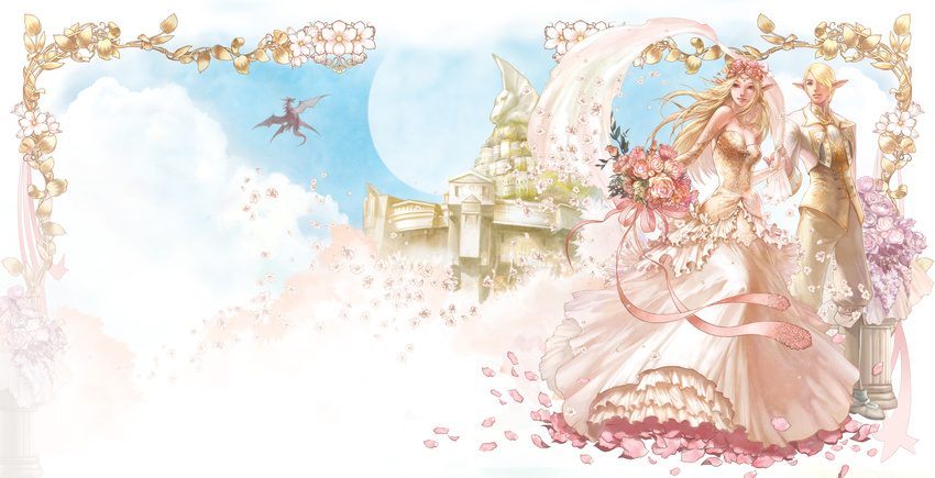 1girl blonde_hair bouquet dragon dress elf elf_(lineage_2) flower hair_flower hair_ornament highres jewelry juno_jeong lineage lineage_2 long_hair pointy_ears short_hair wedding_dress