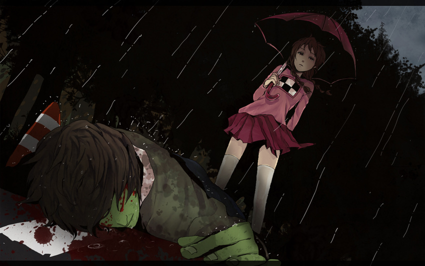 1girl blood braid brown_hair corpse death green_skin madotsuki midoro pink_shirt rain shirt shitaisan skirt traffic_cone twin_braids umbrella yume_nikki