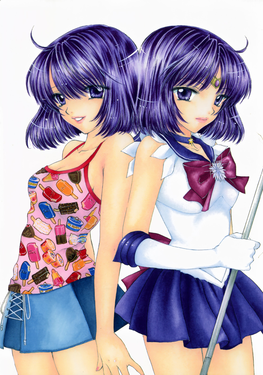 back_bow bare_shoulders bishoujo_senshi_sailor_moon blue_skirt bob_cut bow casual choker cowboy_shot cross-laced_clothes dual_persona elbow_gloves food food_print gloves highres holding holding_staff ice_cream light_smile miniskirt multiple_girls multiple_persona ozaki_mirai parted_lips pleated_skirt purple_bow purple_eyes purple_hair purple_sailor_collar purple_skirt sailor_collar sailor_saturn sailor_senshi_uniform short_hair skirt staff star star_choker time_paradox tomoe_hotaru traditional_media white_background white_gloves