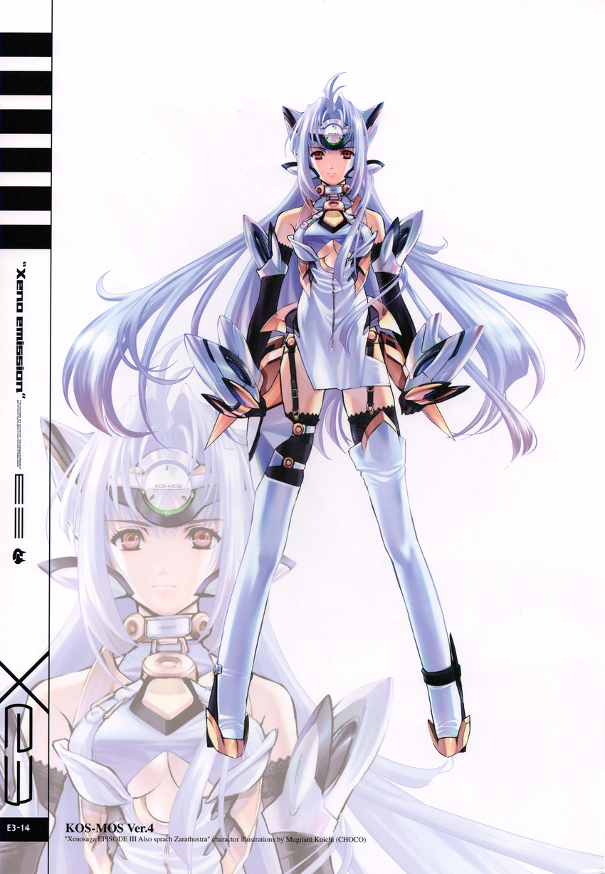 absurdres android antenna_hair arm_guards arms_at_sides bangs bare_shoulders black_gloves black_legwear blue_hair boots breasts choco closed_mouth dress elbow_gloves faulds forehead_protector full_body garter_straps gloves headgear highres hip_vent huge_filesize kos-mos kos-mos_ver._4 lips looking_at_viewer medium_breasts parted_bangs red_eyes simple_background sleeveless sleeveless_dress solo standing thigh_boots thighhighs underboob underboob_cutout white_background white_dress white_footwear white_legwear xenosaga xenosaga_episode_iii zoom_layer