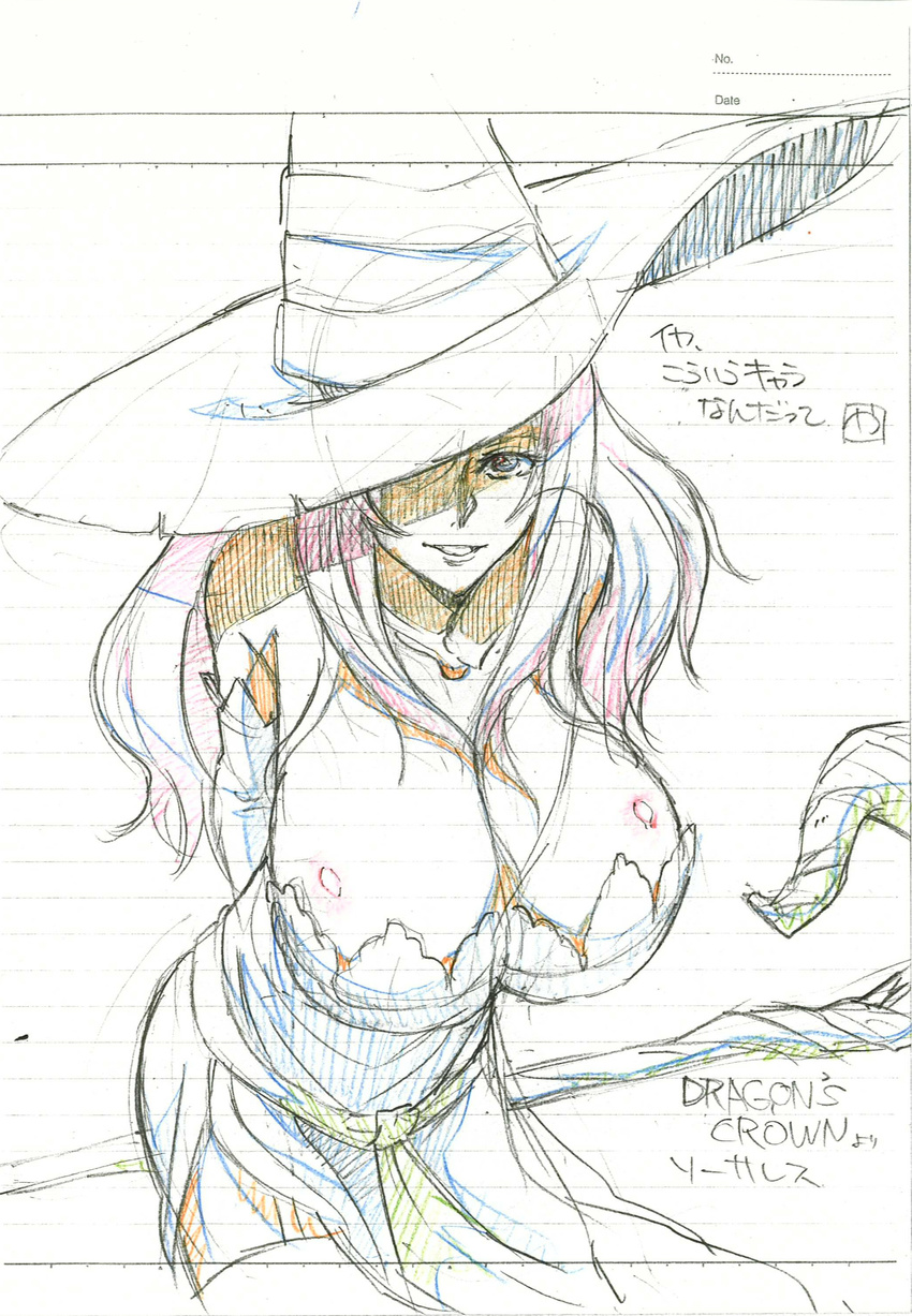 absurdres bare_shoulders breasts cleavage collarbone detached_sleeves dragon's_crown dress hat hat_over_one_eye highres large_breasts sketch solo sorceress_(dragon's_crown) staff strapless strapless_dress witch_hat yamazaki_(now_printing)