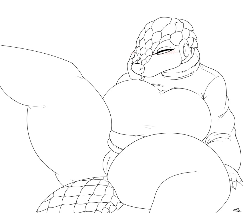 anthro big_breasts blush bottomless breasts butt claws clothed clothing digital_media_(artwork) eyelashes female mammal mature_female pangolin presenting pussy scales simple_background slightly_chubby solo sweater thepainfultruth thick_thighs turtleneck wide_hips