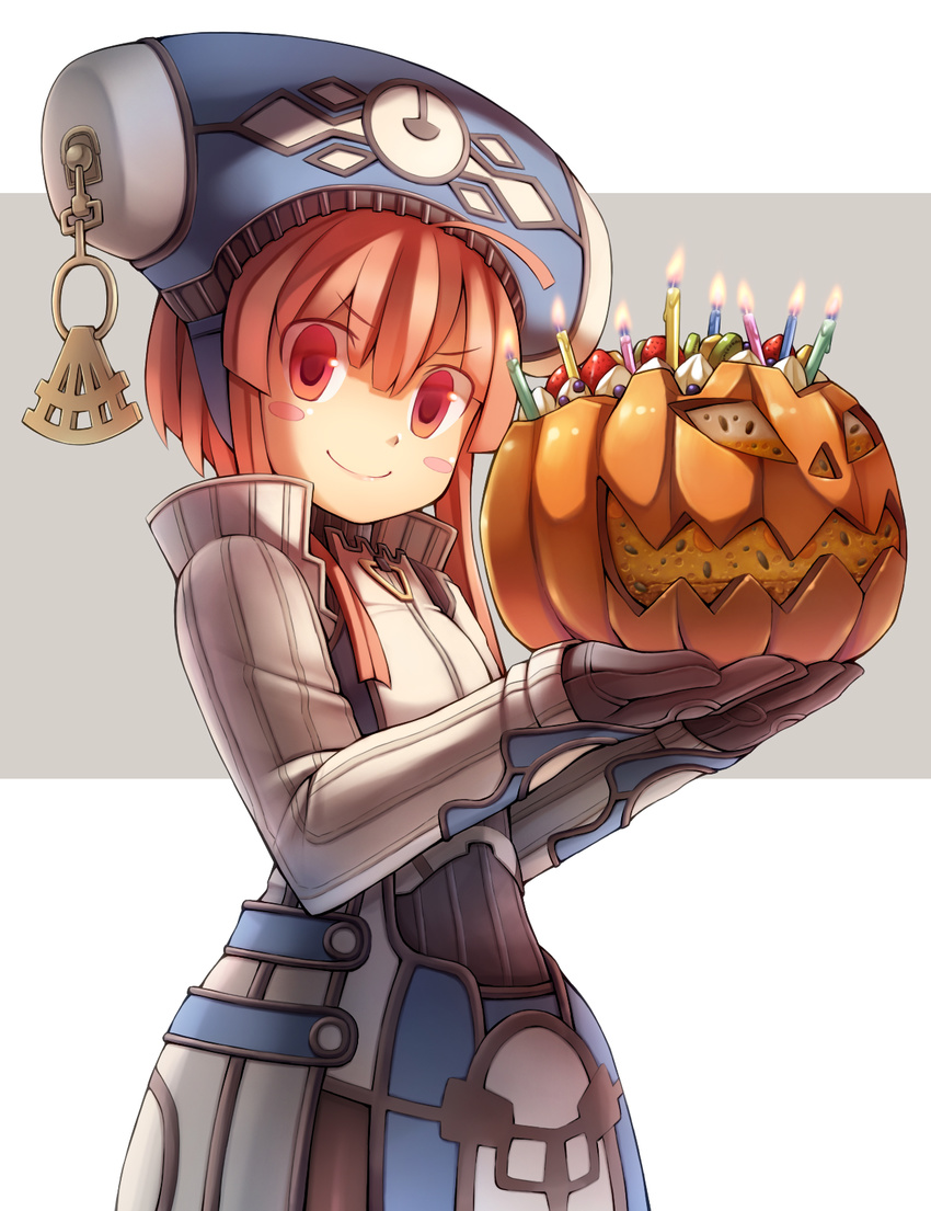 &gt;:) blush_stickers cake candle coat dewprism food fruit gloves hat highres jack-o'-lantern looking_at_viewer maya_(dewprism) namaru_(summer_dandy) pumpkin red_eyes red_hair short_hair smile solo strawberry v-shaped_eyebrows