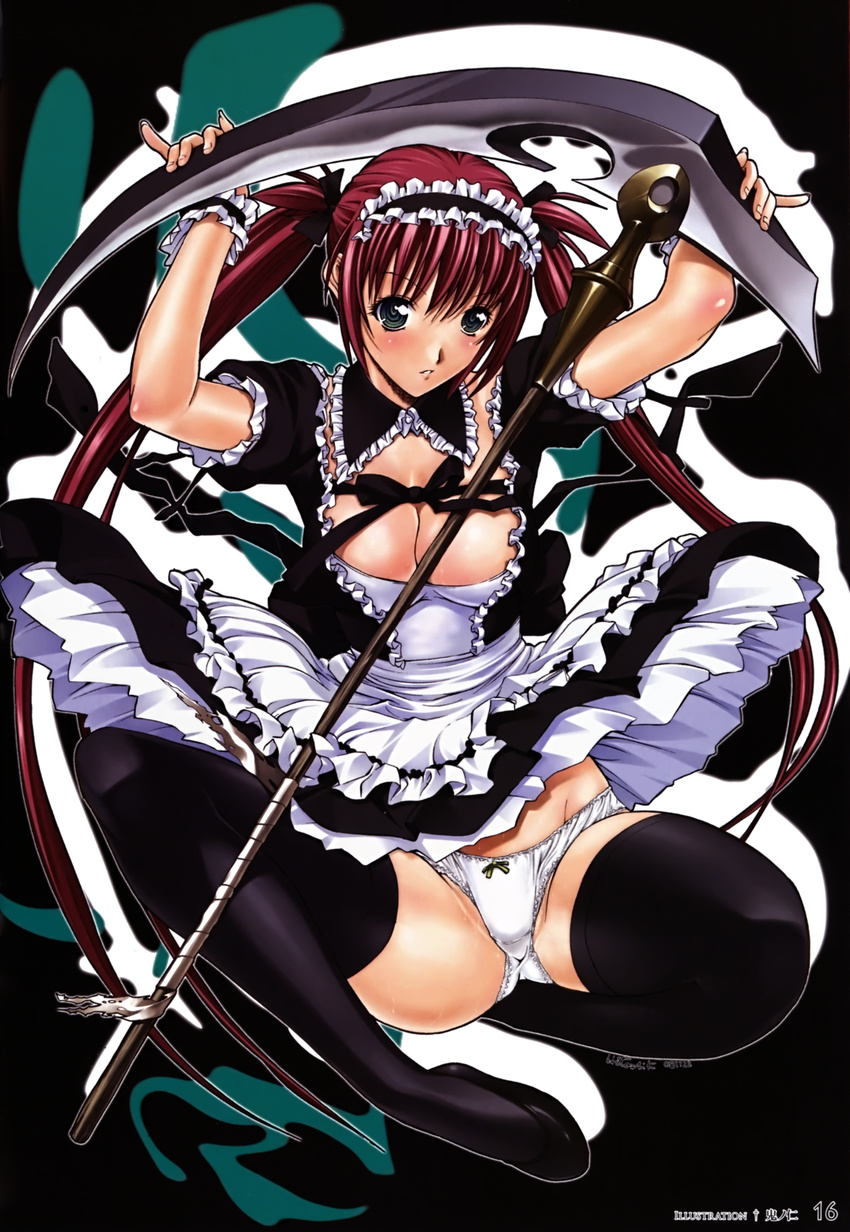 absurdres airi_(queen's_blade) black_legwear blush breasts cleavage detached_collar frills green_eyes highres kino_hitoshi large_breasts long_hair maid maid_headdress panties queen's_blade red_hair scythe skirt solo thighhighs twintails underwear wrist_cuffs