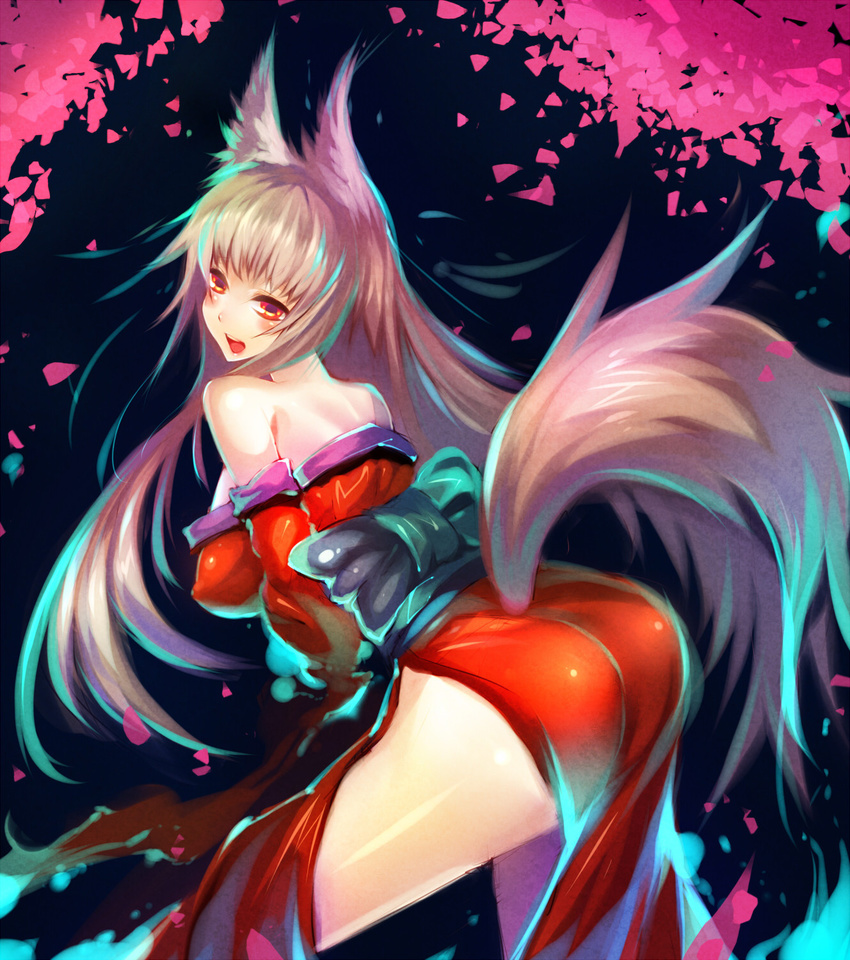 animal_ears ass blonde_hair blush fox_ears fox_tail highres japanese_clothes kimono kongiku leaning_forward long_hair mamuru oboro_muramasa open_mouth red_eyes side_slit solo tail tail_through_clothes