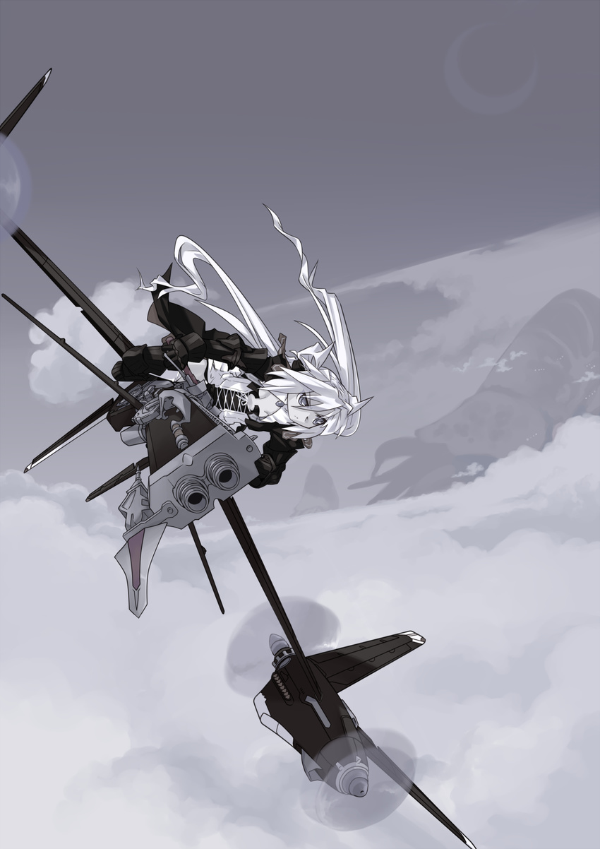 absurdres aircraft cloud flying highres long_hair mof mof's_silver_haired_twintailed_girl monochrome original sky solo twintails vehicle very_long_hair weapon