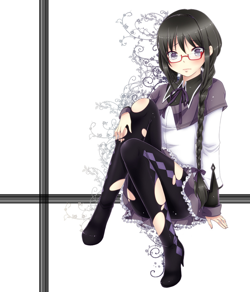 akemi_homura argyle argyle_legwear arm_support bad_id bad_pixiv_id black_hair black_legwear blush braid geike glasses highres lips long_hair mahou_shoujo_madoka_magica pantyhose purple_eyes red-framed_eyewear sitting solo spoilers torn_clothes torn_legwear twin_braids