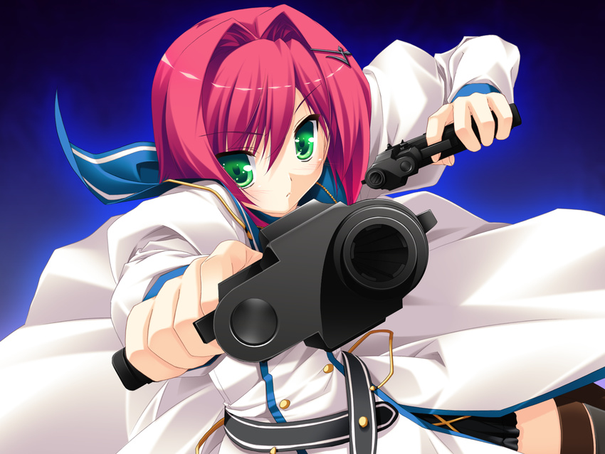 bloody_rondo game_cg green_eyes gun nikaidou_rinko red_hair sakaki_maki short_hair weapon