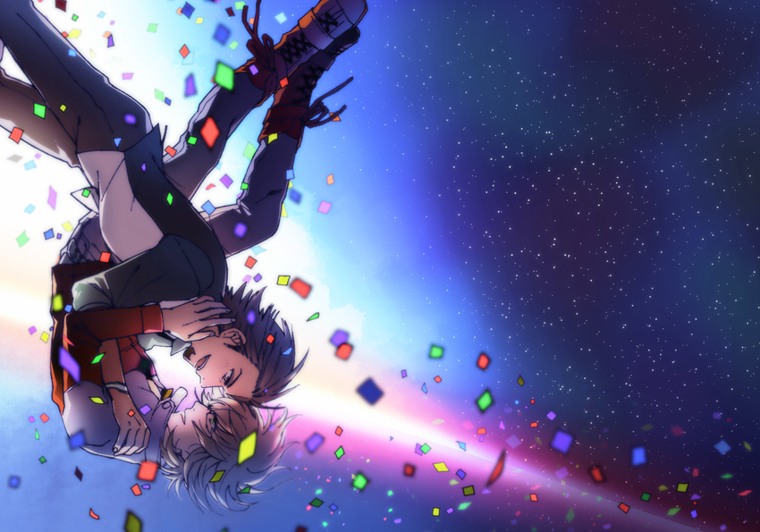 bad_id bad_pixiv_id barnaby_brooks_jr belt blonde_hair boots brown_eyes brown_hair confetti facial_hair falling glasses green_eyes hug jacket kaburagi_t_kotetsu male_focus multiple_boys nazu_ojisan necktie night night_sky red_jacket sky star stubble studded_belt tiger_&amp;_bunny upside-down vest yaoi