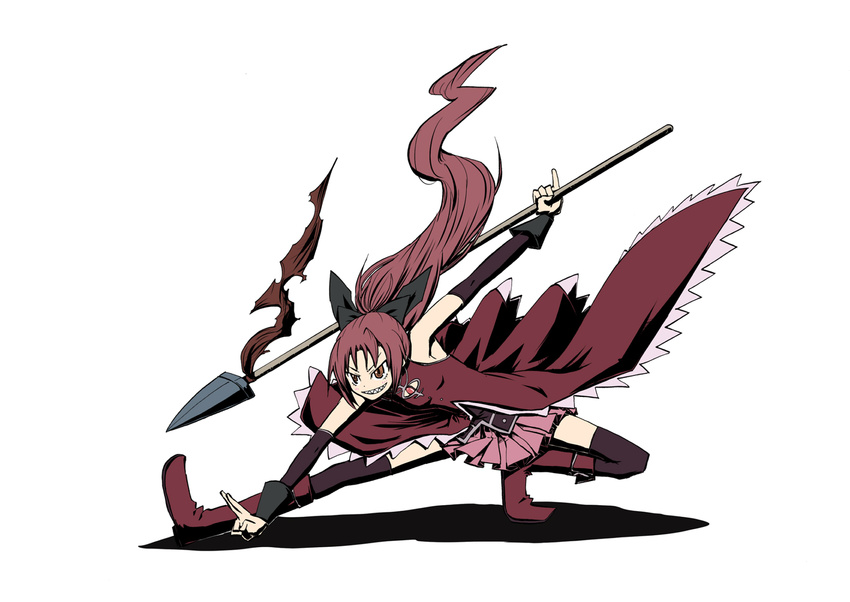 arm_warmers boots bow fighting_stance full_body hair_bow highres holding karu_(ishiken) legs_apart long_hair mahou_shoujo_madoka_magica polearm ponytail pose red_eyes red_hair sakura_kyouko sharp_teeth simple_background solo spear teeth thighhighs weapon white_background