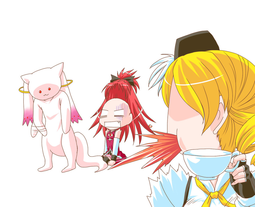 :3 chibi cup drill_hair fang kisaragi_ryou_(sougetsu-tei) kyubey long_hair magical_girl mahou_shoujo_madoka_magica multiple_girls ponytail red_hair sakura_kyouko spit_take spitting spoilers teacup thighhighs tomoe_mami