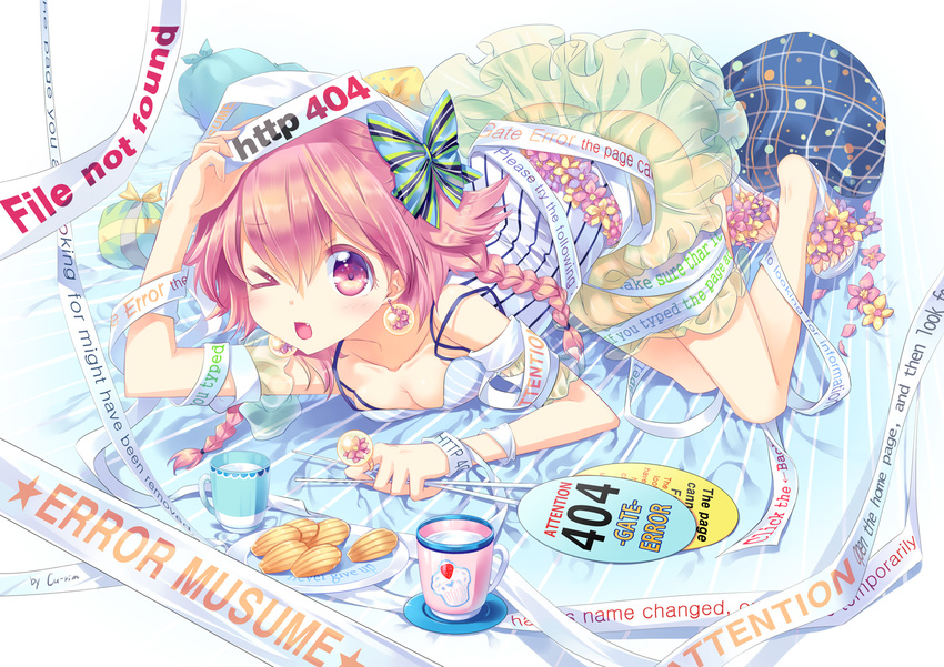 &gt;_&lt; 404 ass blush bow braid closed_eyes cu-rim cup earrings english fang food hair_bow http_status_code jewelry long_hair one_eye_closed open_mouth original panties personification pink_hair plate ribbon sandals solo teacup underwear