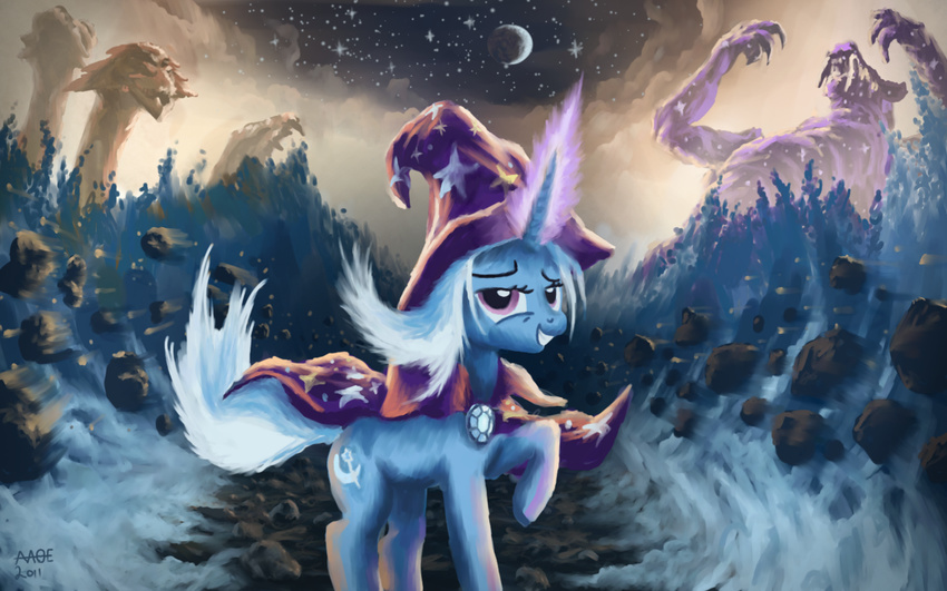 2011 cape cutie_mark detailed_background equine female feral friendship_is_magic gem hair hat horn horse hydra_(mlp) long_hair looking_at_viewer magic_user mammal moe moe_the_great_and_powerful moon my_little_pony pony rocks short_hair stars trixie_(mlp) unicorn ursa_(mlp) ursa_major_(mlp) wallpaper white_hair widescreen wizard_hat