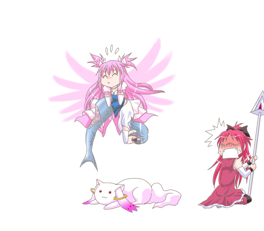 :&lt; :3 ^_^ blue_eyes blue_hair chibi closed_eyes fangs kaname_madoka kisaragi_ryou_(sougetsu-tei) kyubey long_hair magical_girl mahou_shoujo_madoka_magica mermaid miki_sayaka monster_girl monsterification multiple_girls polearm ponytail red_hair sakura_kyouko short_hair spear spoilers thighhighs ultimate_madoka weapon