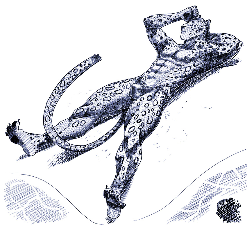 bo-gilliam bulge eyes_closed feline leopard lying male mammal monochrome muscles on_back seaside smile solo sunbath sunbathing thong water