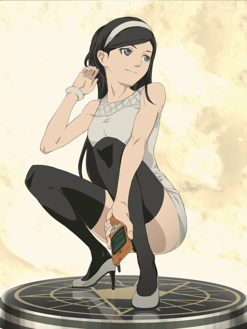 bad_id bad_pixiv_id black_hair black_legwear blue_eyes bracelet cellphone dress hairband high_heels highres jewelry kumashiro_maya long_hair looking_away olg panties pantyshot pantyshot_(squatting) phone seikimatsu_occult_gakuin shoes short_dress smile solo squatting thighhighs underwear