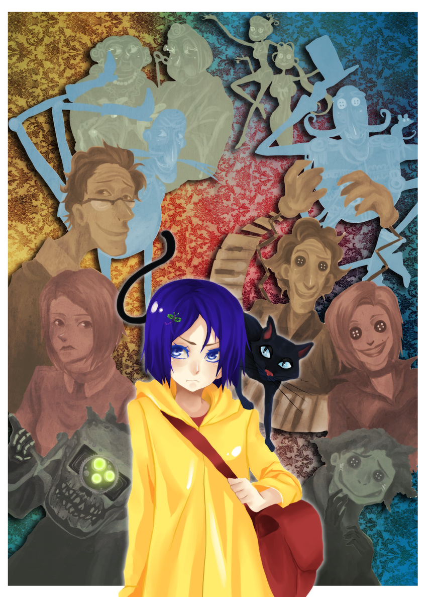 6+girls bad_id bad_pixiv_id blue_eyes blue_hair cat charlie_jones coraline coraline_jones highres mel_jones mookie_(coraline) multiple_boys multiple_girls other_father other_mother raincoat wyborn_lovat