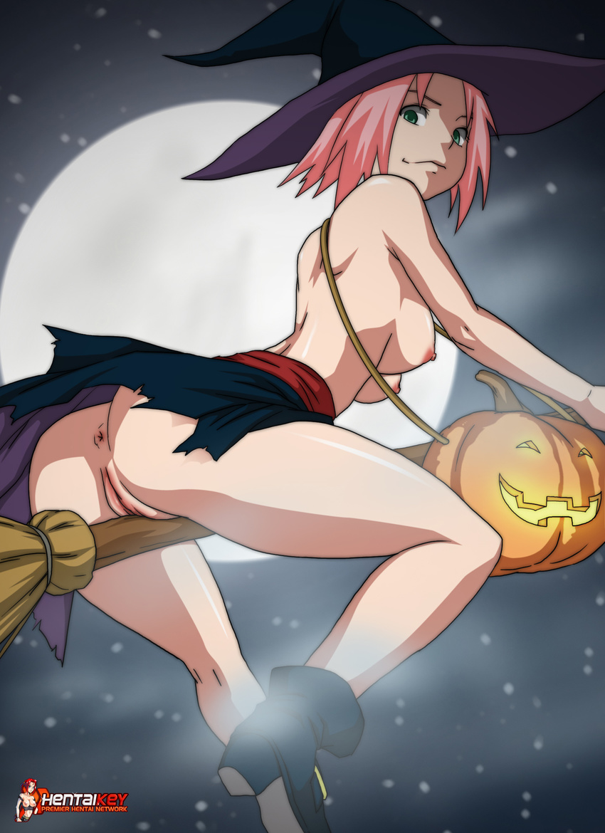 anus boots bottomless crotch_rub erect_nipples full_moon green_eyes halloween haruno_sakura jack_o_lantern looking_over_shoulder naruto nipples oppai orifice pink_hair pumpkin sky smile stars tagme topless vaginal wiccan_broom witch witches_hat