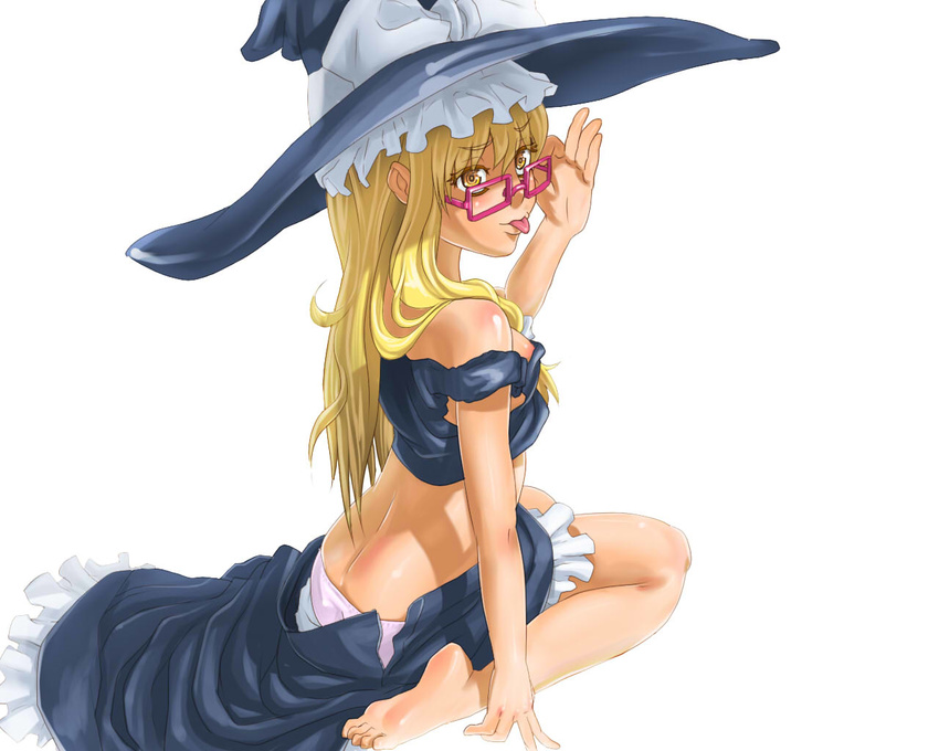 :p barefoot bespectacled blonde_hair face feet glasses hands hat jumpjump kirisame_marisa long_hair open_clothes open_skirt panties sitting skirt solo strap_slip tongue tongue_out touhou underwear wariza witch_hat yellow_eyes