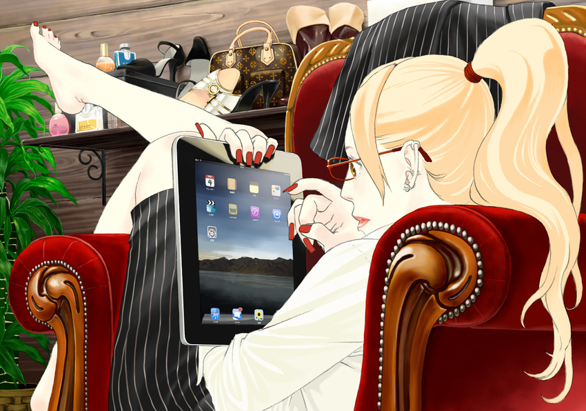 barefoot blonde_hair chair feet glasses hata_yui ipad lips ponytail skirt solo tablet_pc