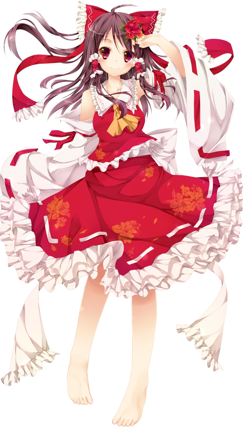 absurdres ahoge ascot bad_id bad_nicoseiga_id barefoot blush bow brown_hair detached_sleeves feet flower frills full_body gathers hair_bow hair_flower hair_ornament hair_tubes hakurei_reimu highres long_hair multicolored multicolored_eyes nironiro red_eyes simple_background skirt smile solo touhou