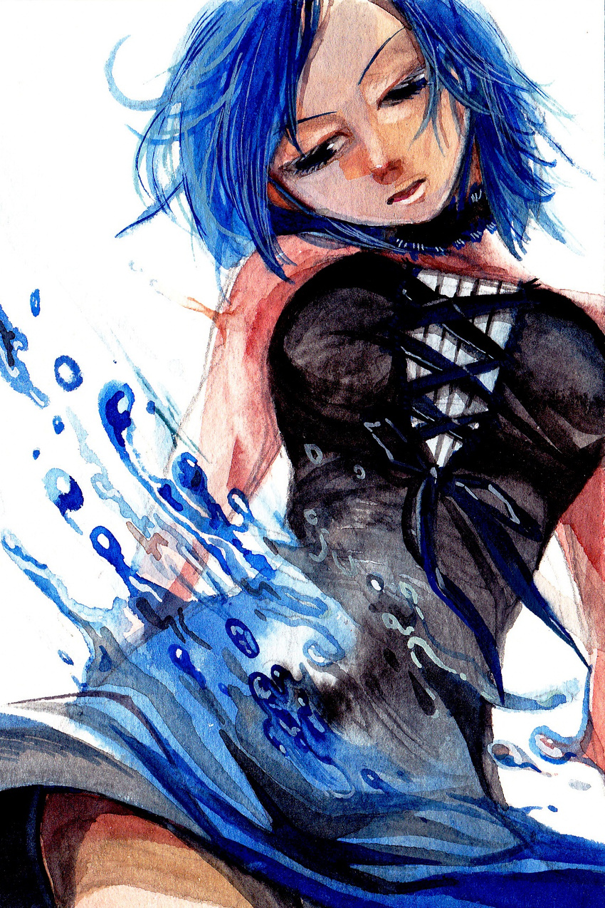 bare_shoulders blue_eyes blue_hair breasts choker corset dress fairy_tail flog001 from_below highres juvia_lockser large_breasts short_hair sleeveless solo traditional_media water