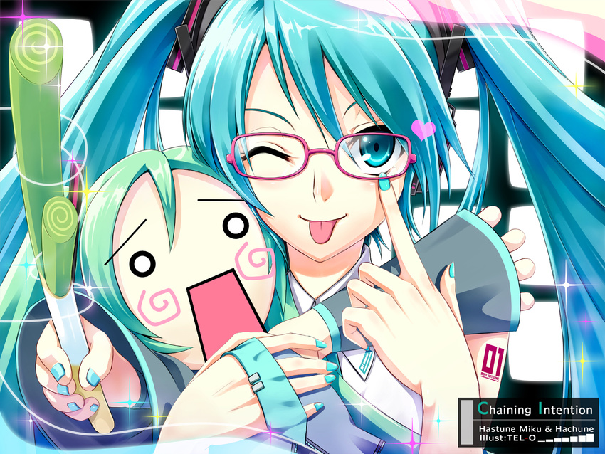 :p akanbe aqua_eyes aqua_hair aqua_nails chaining_intention_(vocaloid) glasses hachune_miku hatsune_miku highres long_hair looking_at_viewer multiple_girls nail_polish spring_onion tel-o tongue tongue_out twintails vocaloid vocaloid_(lat-type_ver)