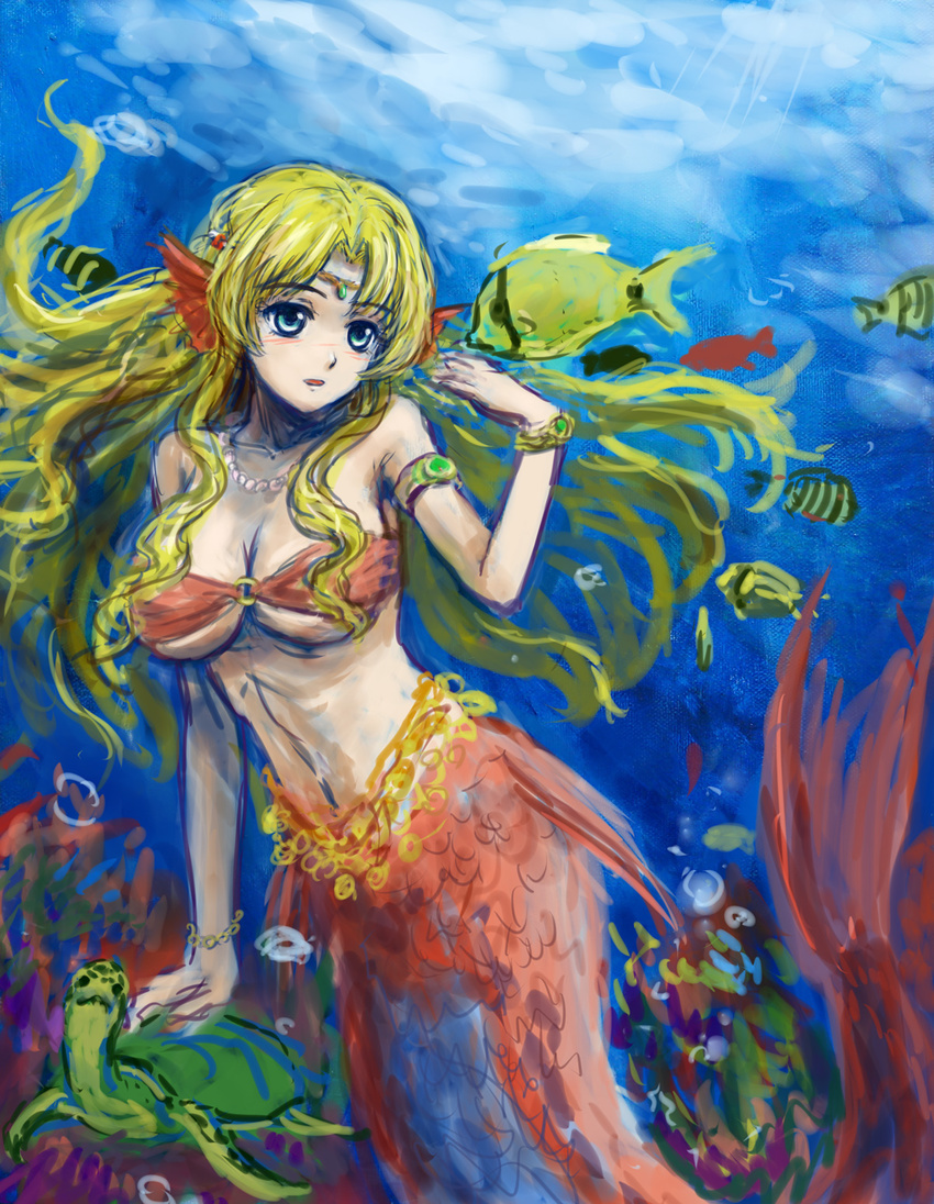 bad_id bad_pixiv_id bandeau bare_shoulders bikini_top blonde_hair blue_eyes bracelet breasts bubble circlet cleavage collarbone fish head_fins highres jewelry large_breasts long_hair mermaid monster_girl necklace o-ring o-ring_top original pearl_necklace sketch solo tafuto turtle underboob underwater