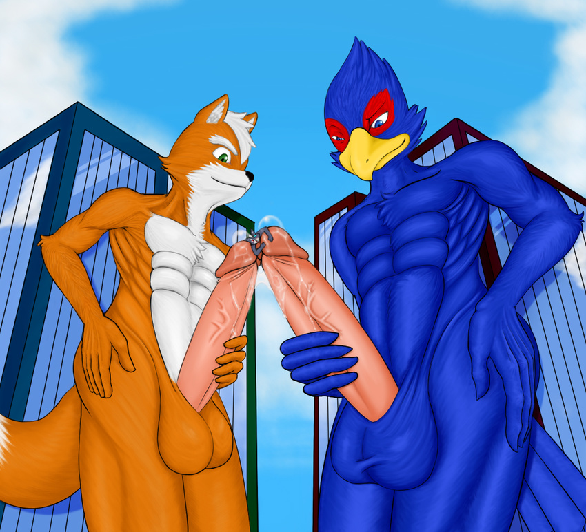 avian balls canine falco_lombardi fox fox_mccloud gay group interspecies kp-yoshi macro male mammal nintendo nude penis precum size_difference star_fox video_games wolf_o'donnell wolf_o'donnell