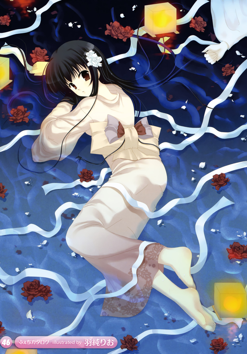 absurdres afloat bandages bangs barefoot black_hair blunt_bangs brown_eyes copyright_request floating_hair flower from_above hair_flower hair_ornament hazumi_rio highres japanese_clothes kimono lantern lights long_hair looking_back lying partially_submerged petals red_flower red_rose rose scan solo water yukata