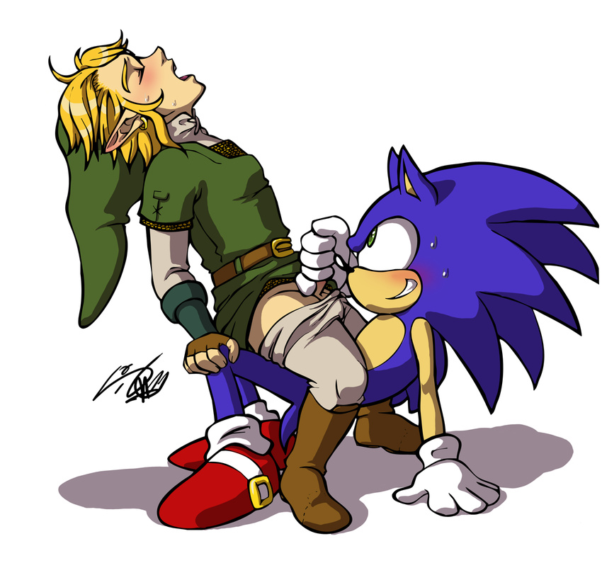 anthro blush clothed_sex clothing cowgirl_position crossover duo ear_piercing erection gay handjob hedgehog human humanoid interspecies legend_of_zelda link male mammal on_top open_mouth partially_clothed penetration penis penis_grab piercing rockgaara sega sex sonic_(series) sonic_team sonic_the_hedgehog straddling sweat the_legend_of_zelda video_games