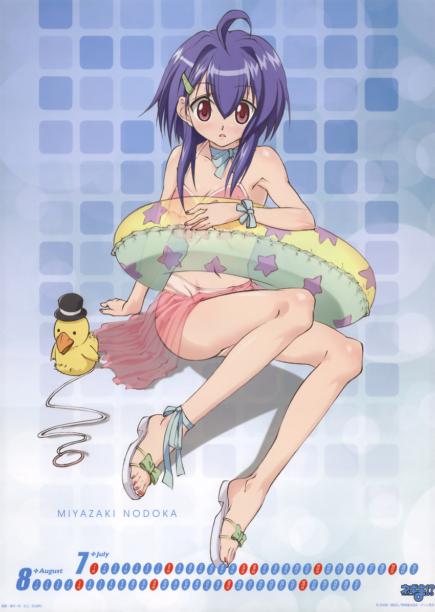 absurdres ahoge bikini blue_hair blush choker hair_ornament hairclip highres innertube mahou_sensei_negima! miyazaki_nodoka nail_polish navel open_mouth pink_sarong purple_eyes red_nails ribbon sandals sarong see-through shiotsuki_kazuya short_hair sitting solo swimsuit translucent_sarong