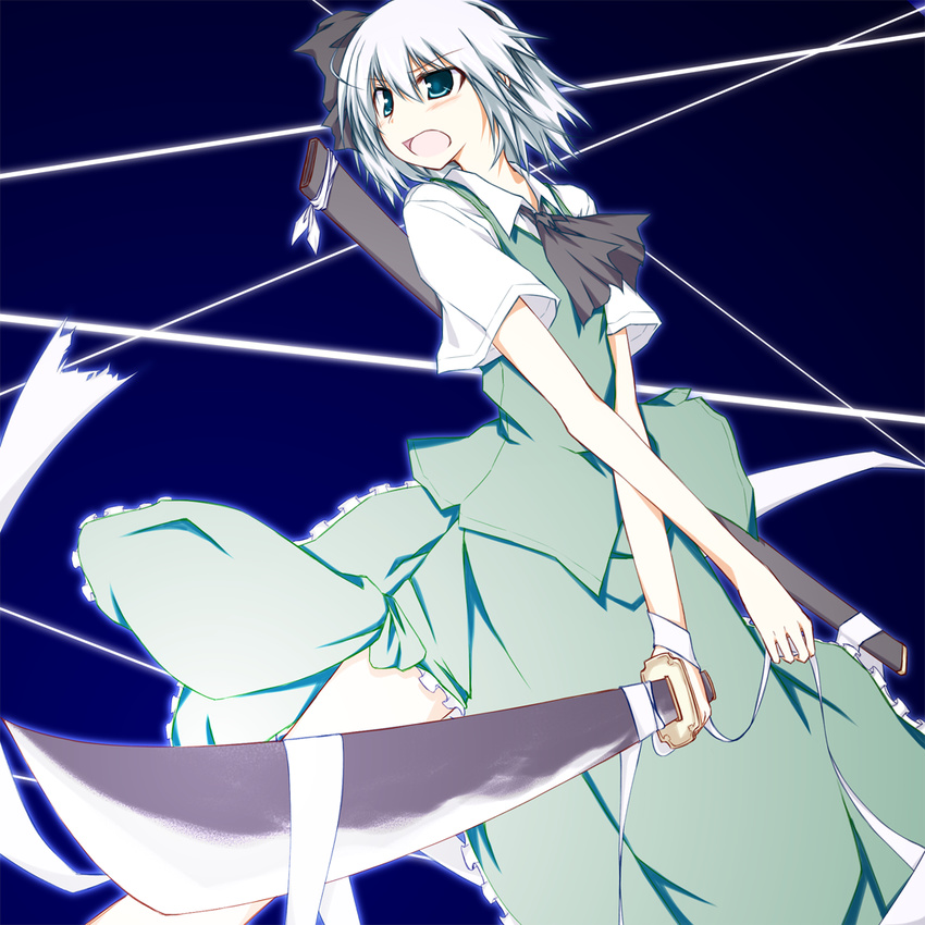 an_(angular-angler) bad_id bad_pixiv_id bandages black_hairband blue_eyes blush hairband katana konpaku_youmu open_mouth short_hair silver_hair solo sword touhou weapon