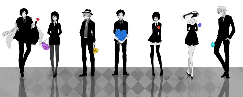 4boys bad_id bad_pixiv_id celty_sturluson dullahan durarara!! flower formal ghost_in_the_shell ghost_in_the_shell_lineup ghost_in_the_shell_stand_alone_complex glasses headless heiwajima_shizuo high_contrast highres kida_masaomi kotobuki_(medetai) multiple_boys multiple_girls multiple_monochrome orihara_izaya pantyhose rose ryuugamine_mikado skirt skirt_suit sonohara_anri spot_color suit thighhighs yagiri_namie