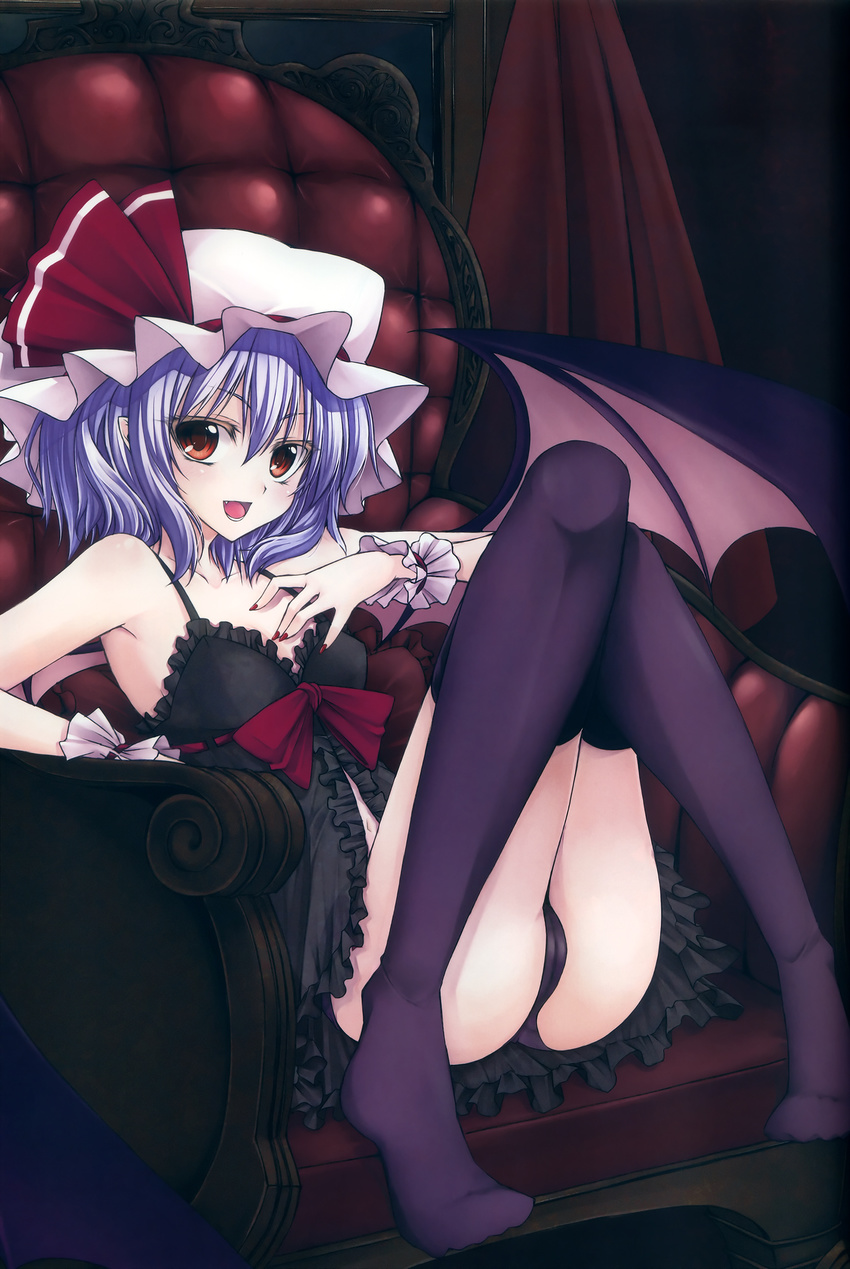 absurdres armchair babydoll bare_shoulders bat_wings black_legwear black_panties chair colored_eyelashes eyelashes fangs flat_chest hand_on_own_chest hat highres knees_up lavender_hair looking_at_viewer nail_polish navel open_mouth panties pointy_ears red_eyes red_nails remilia_scarlet short_hair sitting smile solo thighhighs touhou underwear utakata_(kochou_no_yume) wings wrist_cuffs